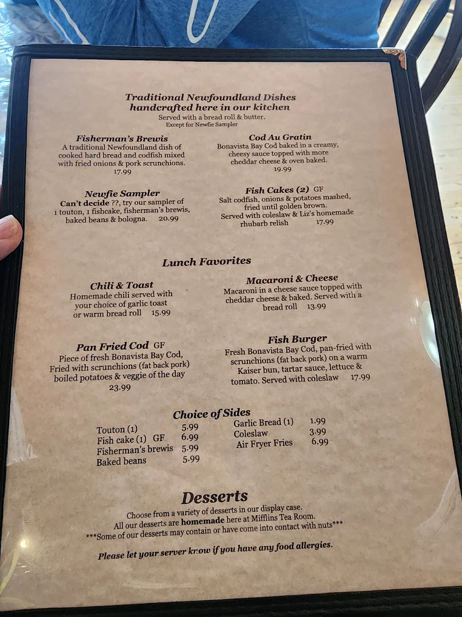 Menu, Mifflin's Tea Room