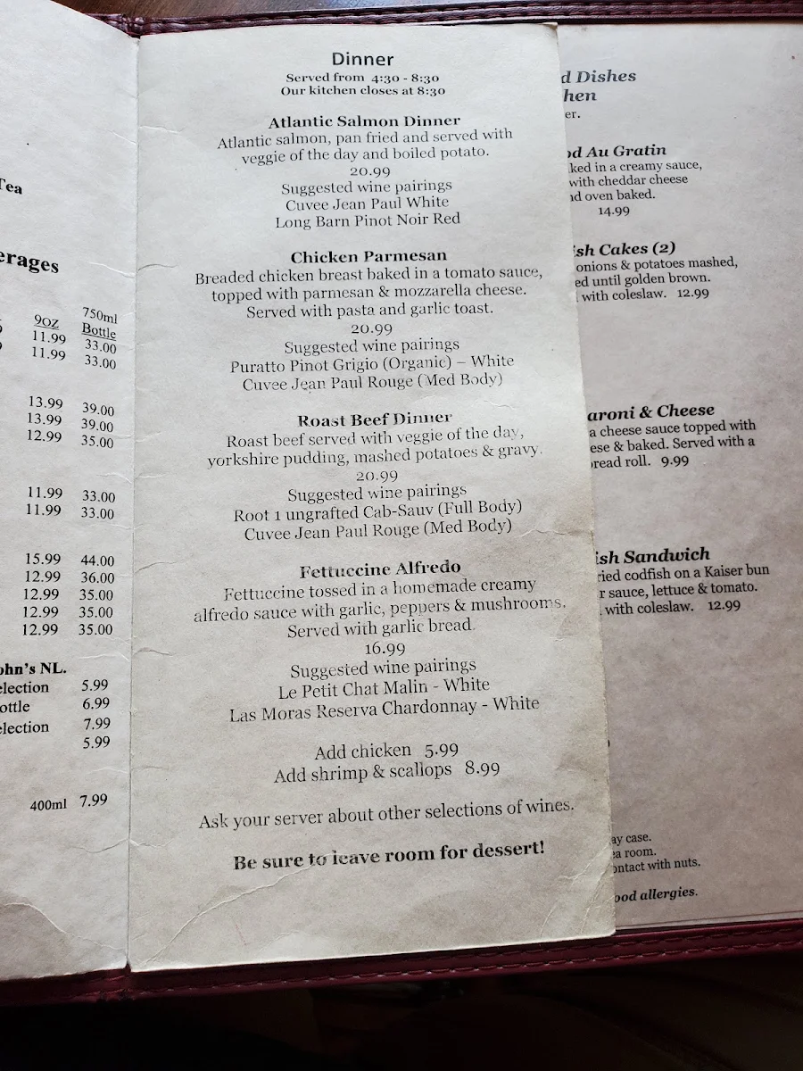 Menu, Mifflin's Tea Room