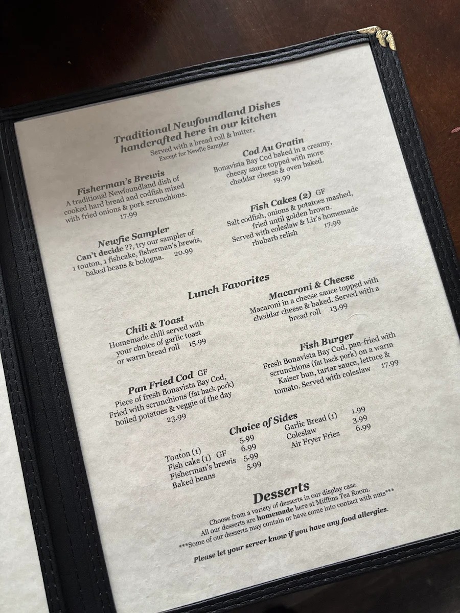 Menu, Mifflin's Tea Room