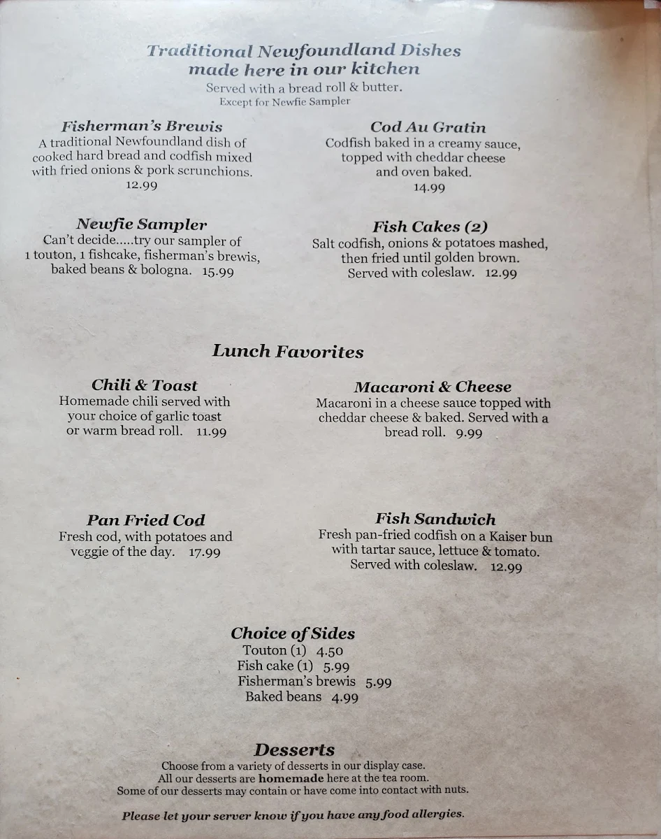Menu, Mifflin's Tea Room