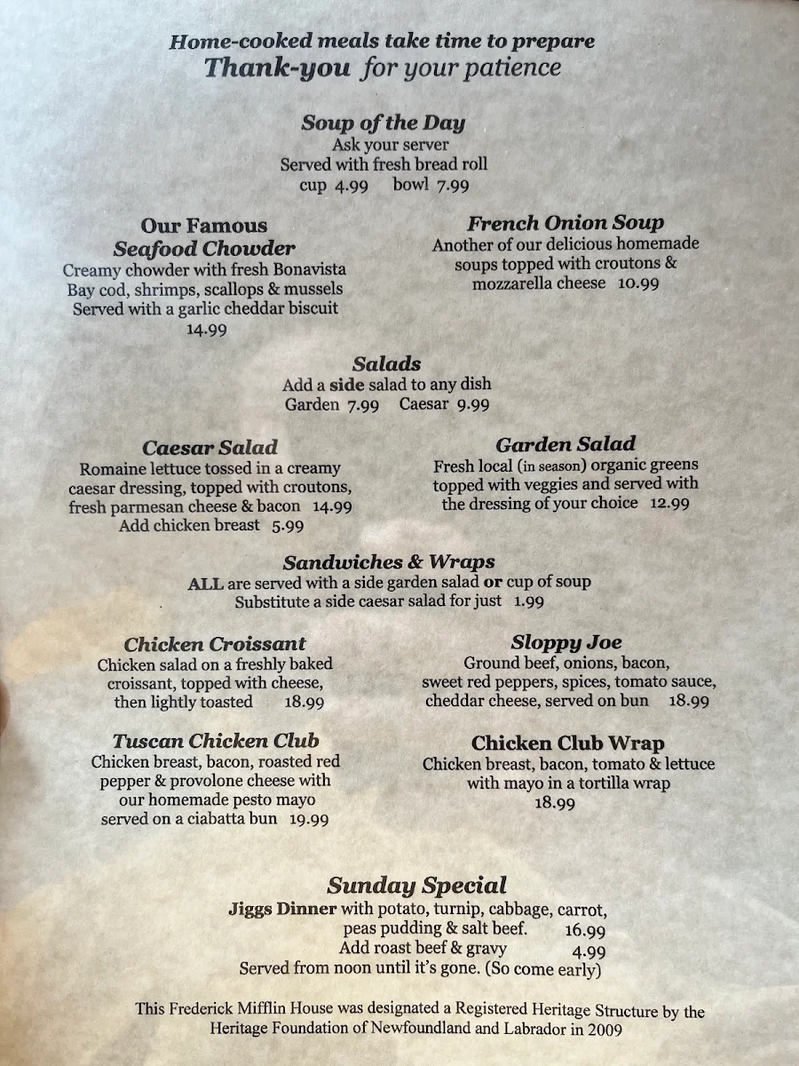 Menu, Mifflin's Tea Room