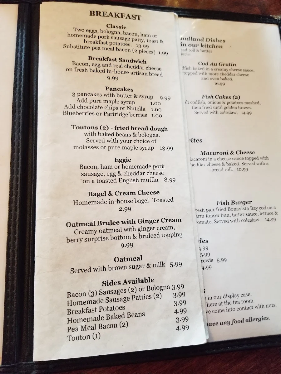 Menu, Mifflin's Tea Room