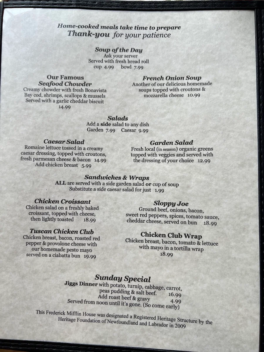 Menu, Mifflin's Tea Room