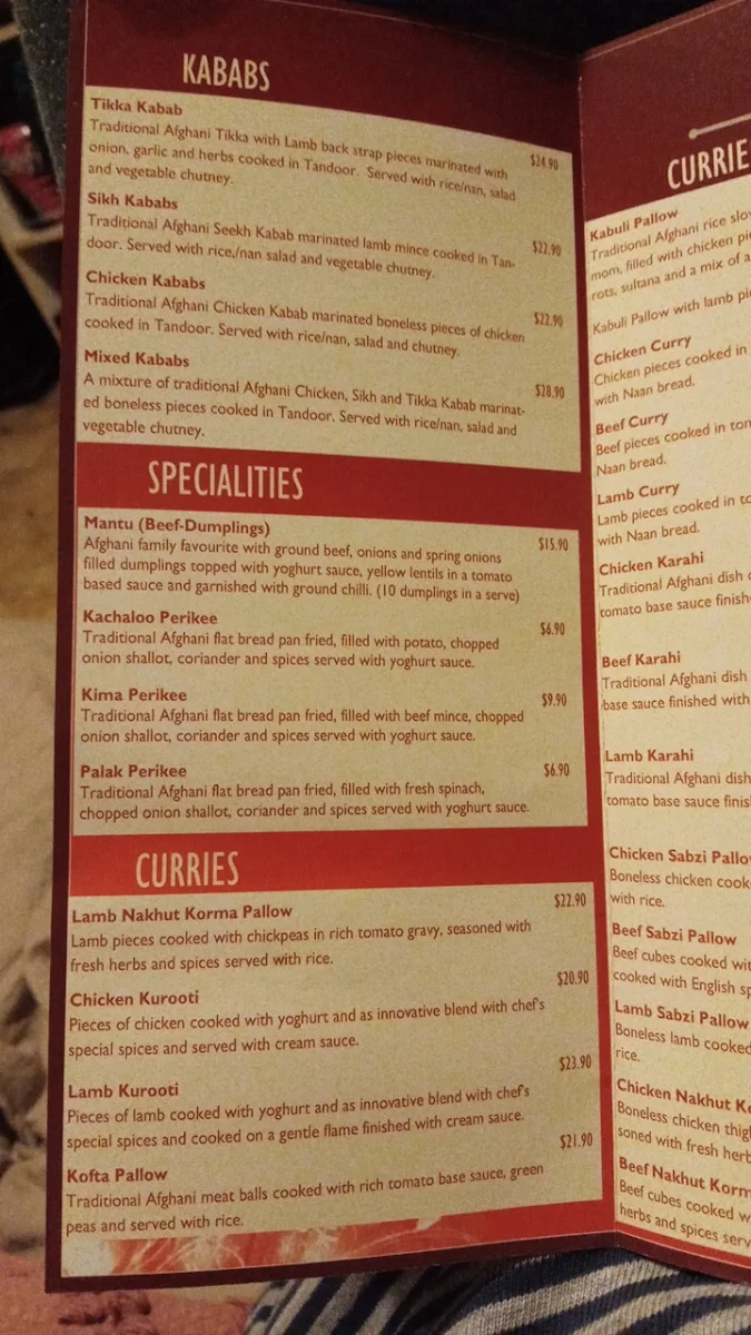 Menu, Bamiyan Restaurant