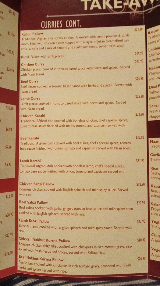 Menu, Bamiyan Restaurant