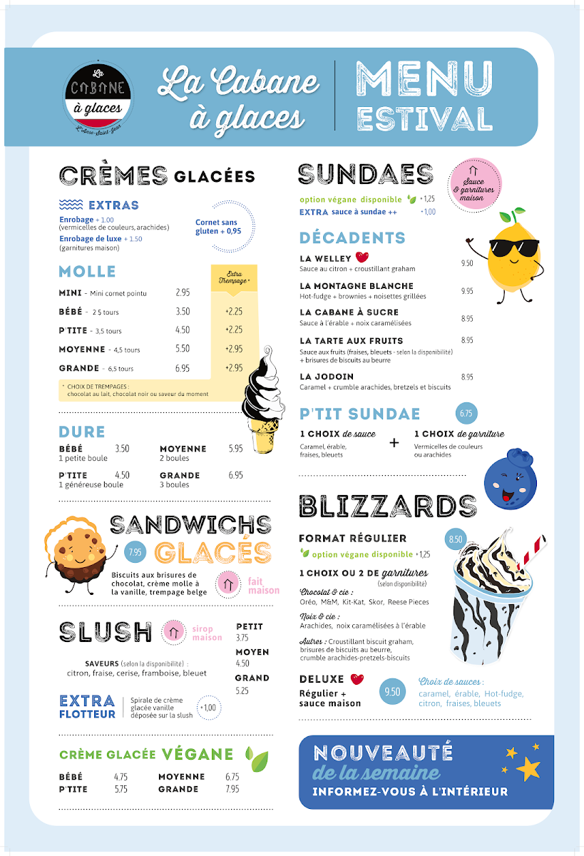 Menu, La Cabane à Glaces
