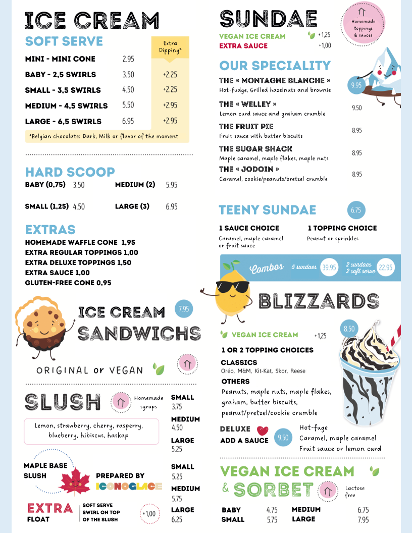 Menu, La Cabane à Glaces