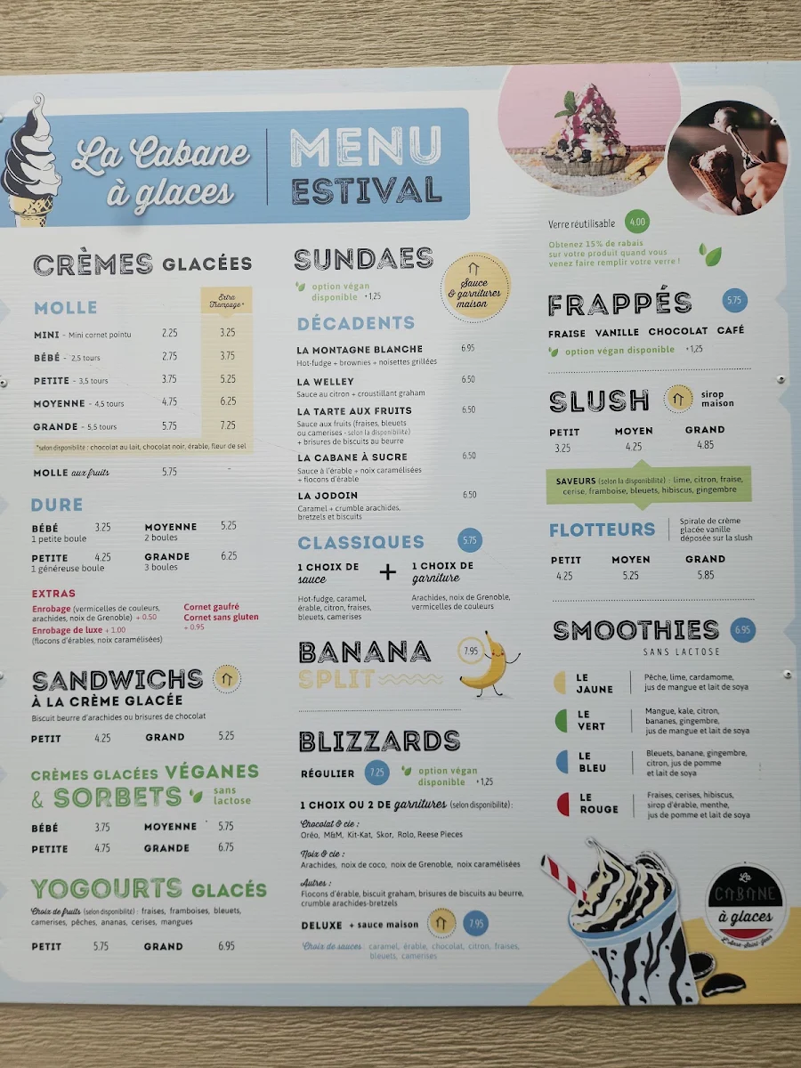 Menu, La Cabane à Glaces