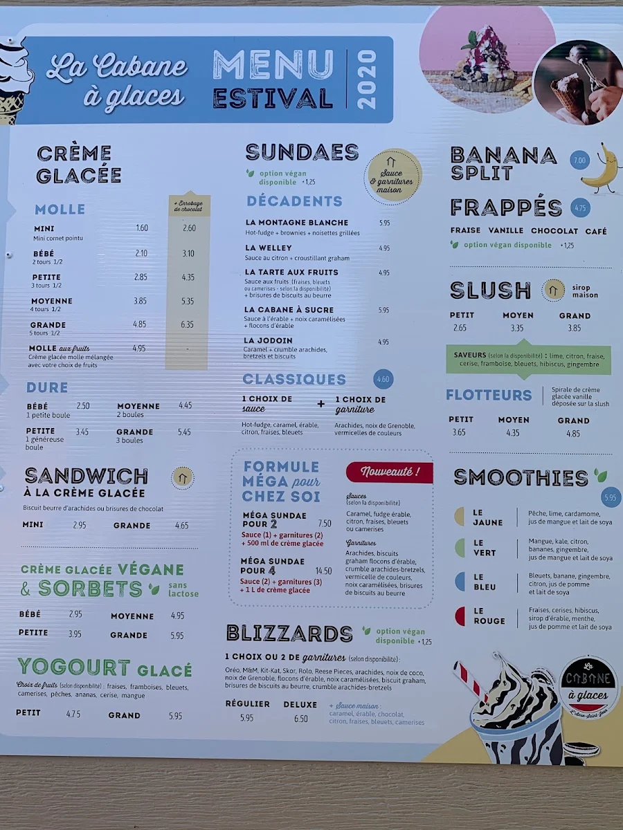 Menu, La Cabane à Glaces