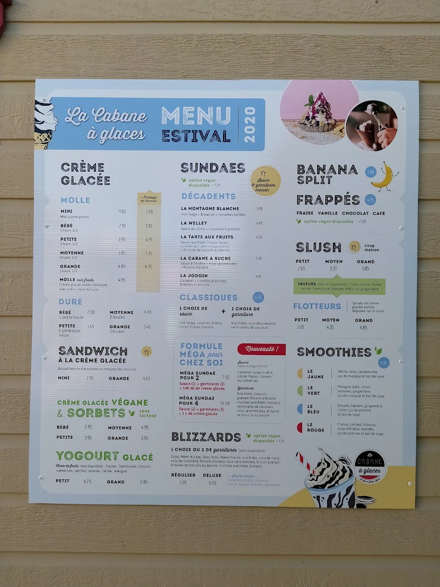 Menu, La Cabane à Glaces