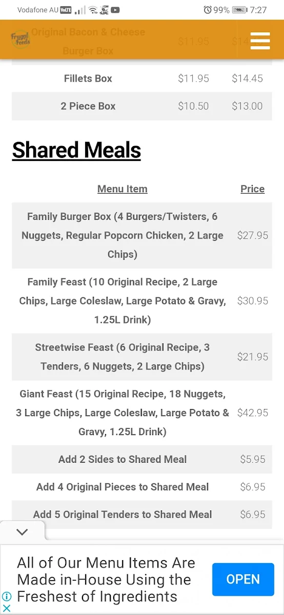 Menu, KFC Concord