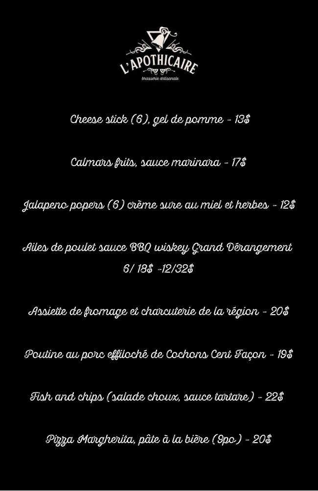 Menu, L'Apothicaire - Brasserie Artisanale