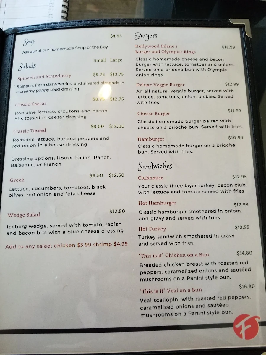 Menu, Filane's Restaurant