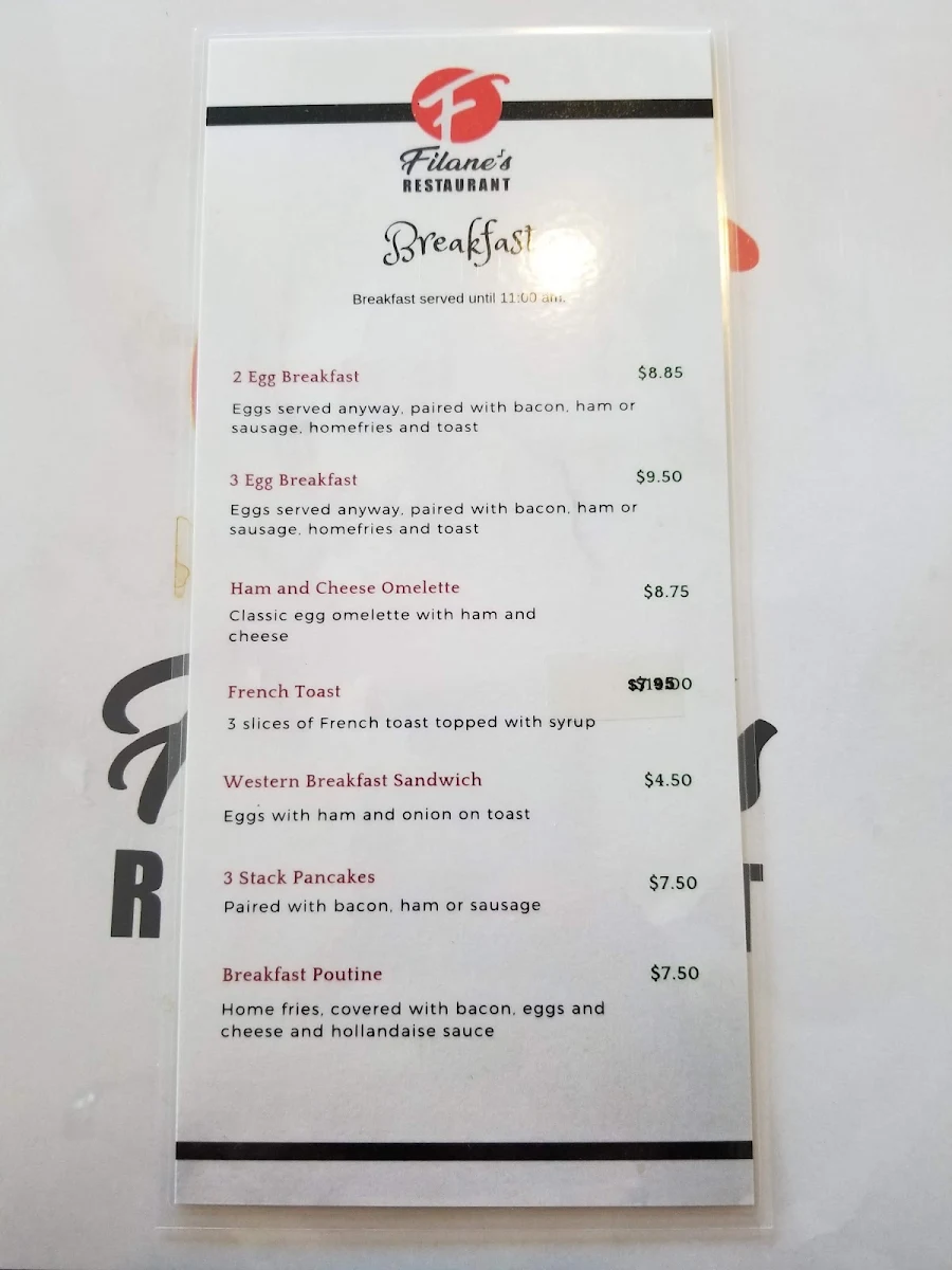 Menu, Filane's Restaurant
