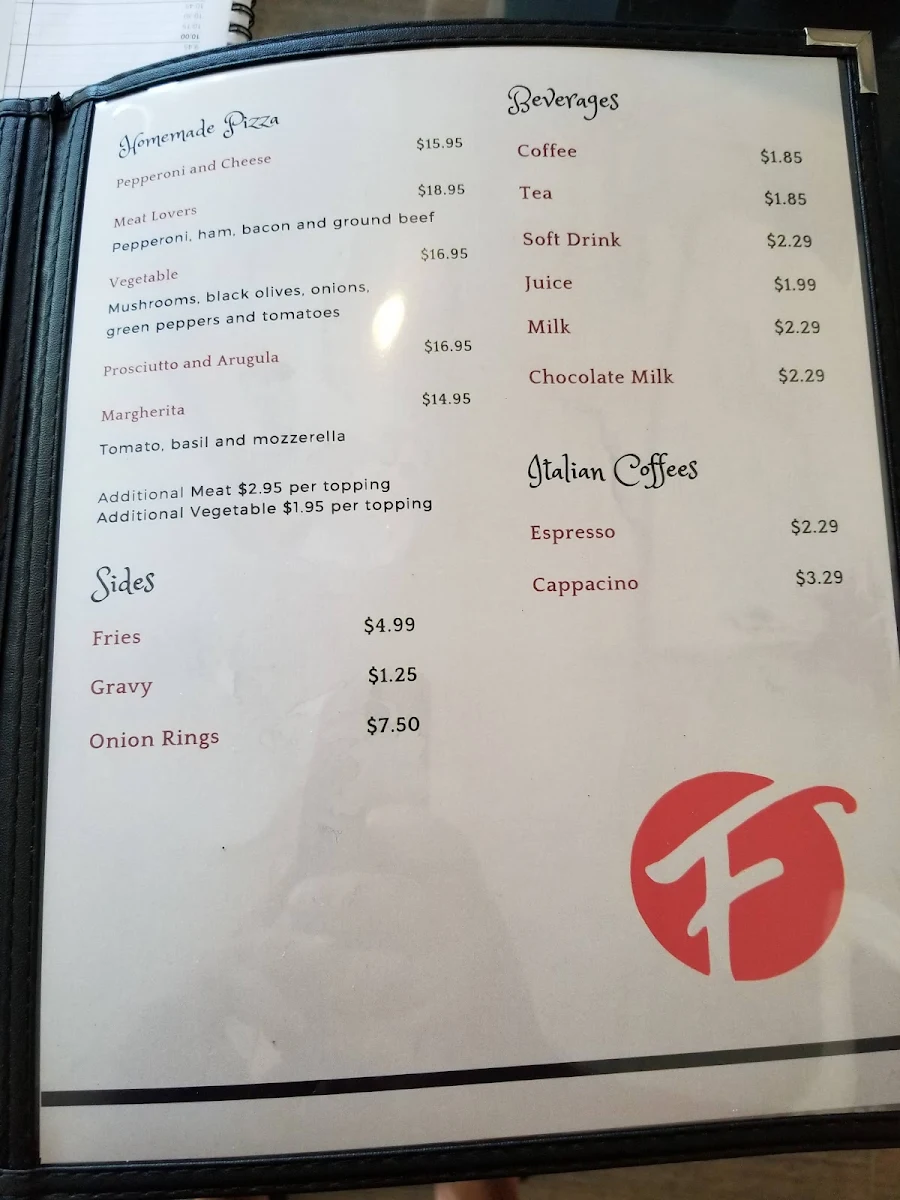 Menu, Filane's Restaurant