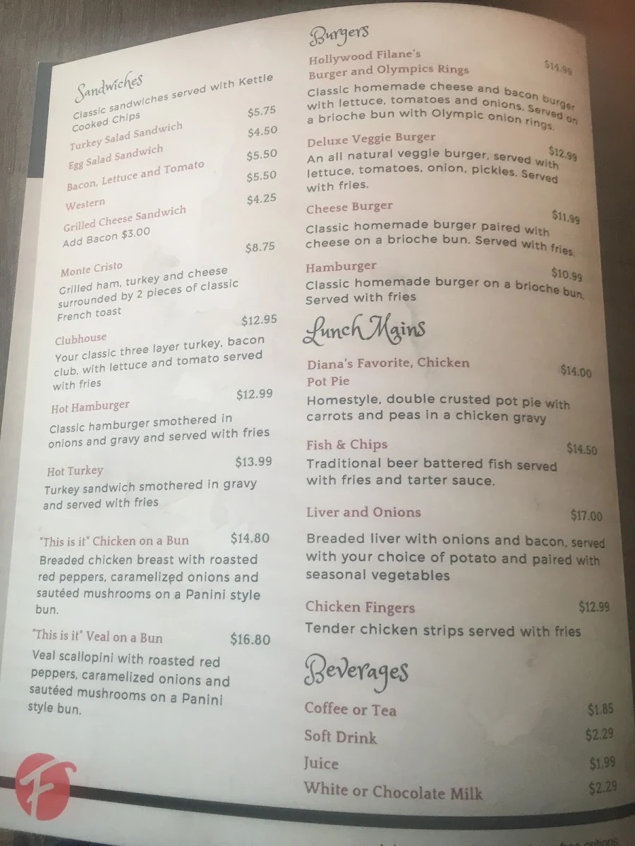 Menu, Filane's Restaurant