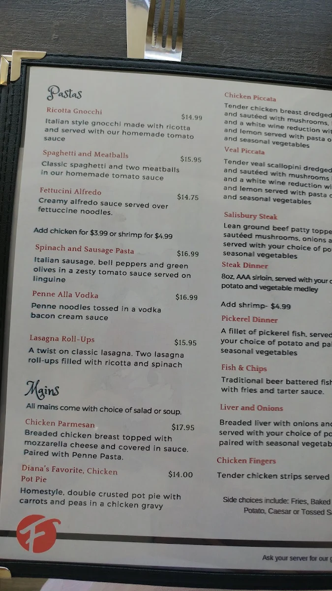 Menu, Filane's Restaurant
