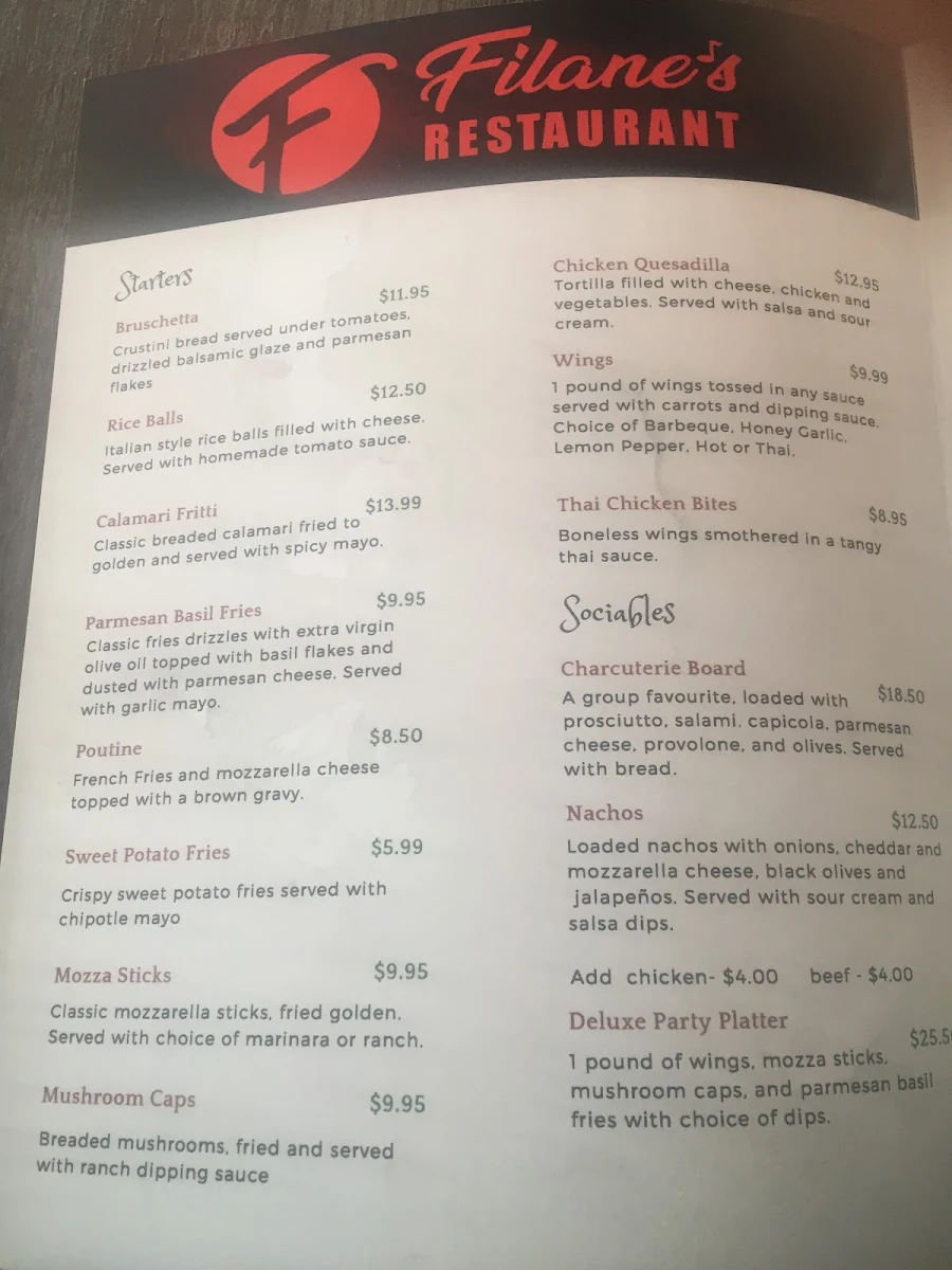Menu, Filane's Restaurant