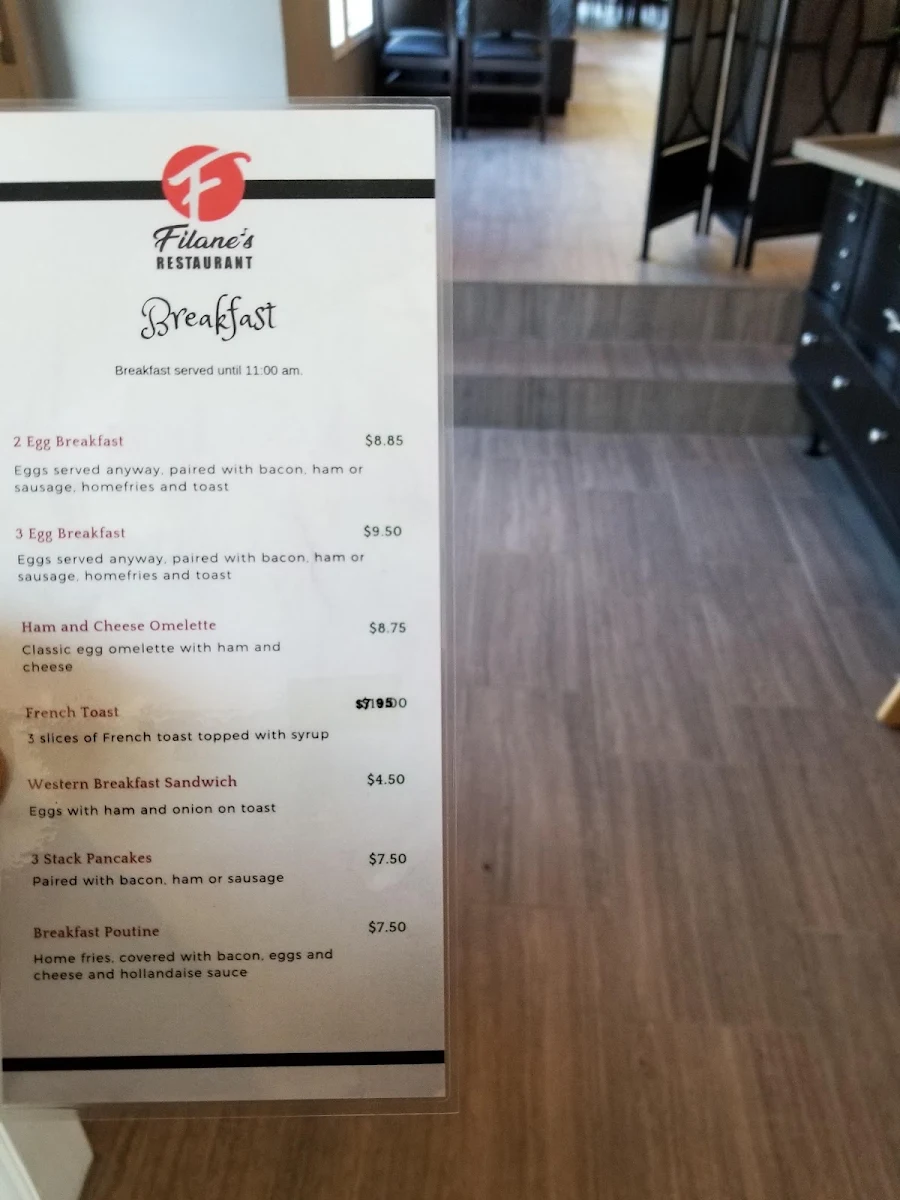Menu, Filane's Restaurant