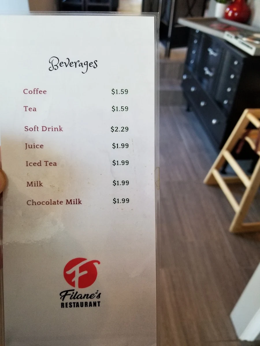 Menu, Filane's Restaurant