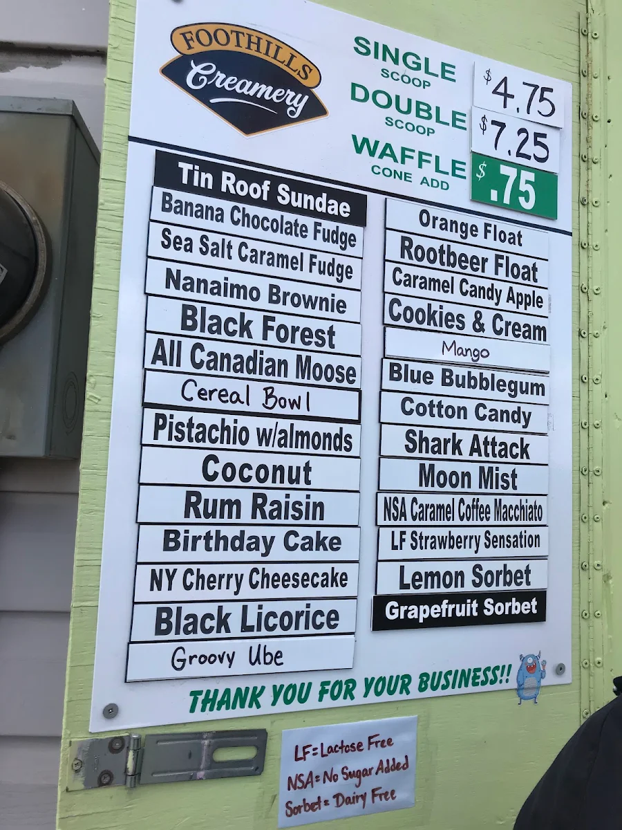 Menu, Granny Grays Hard Ice Cream