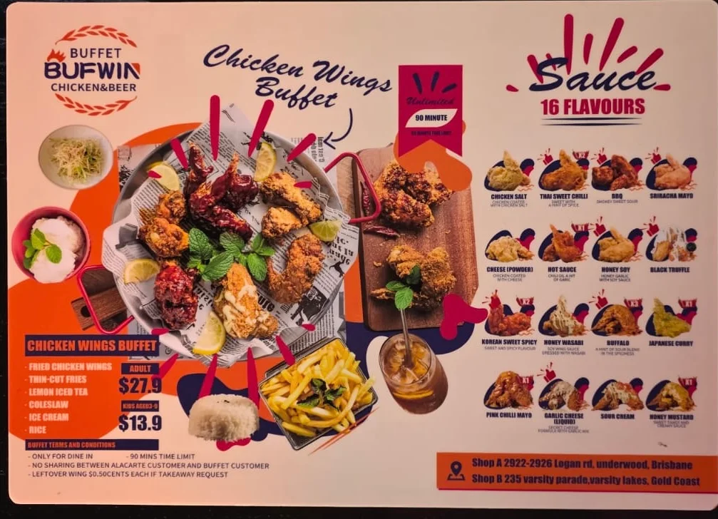 Menu, BUFWIN —chicken buffet & beer. Halal food