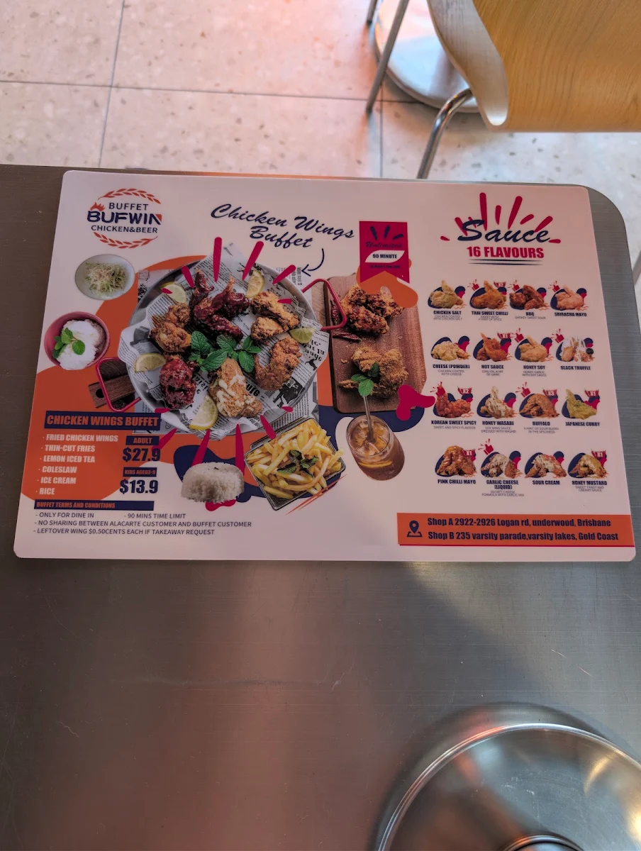 Menu, BUFWIN —chicken buffet & beer. Halal food