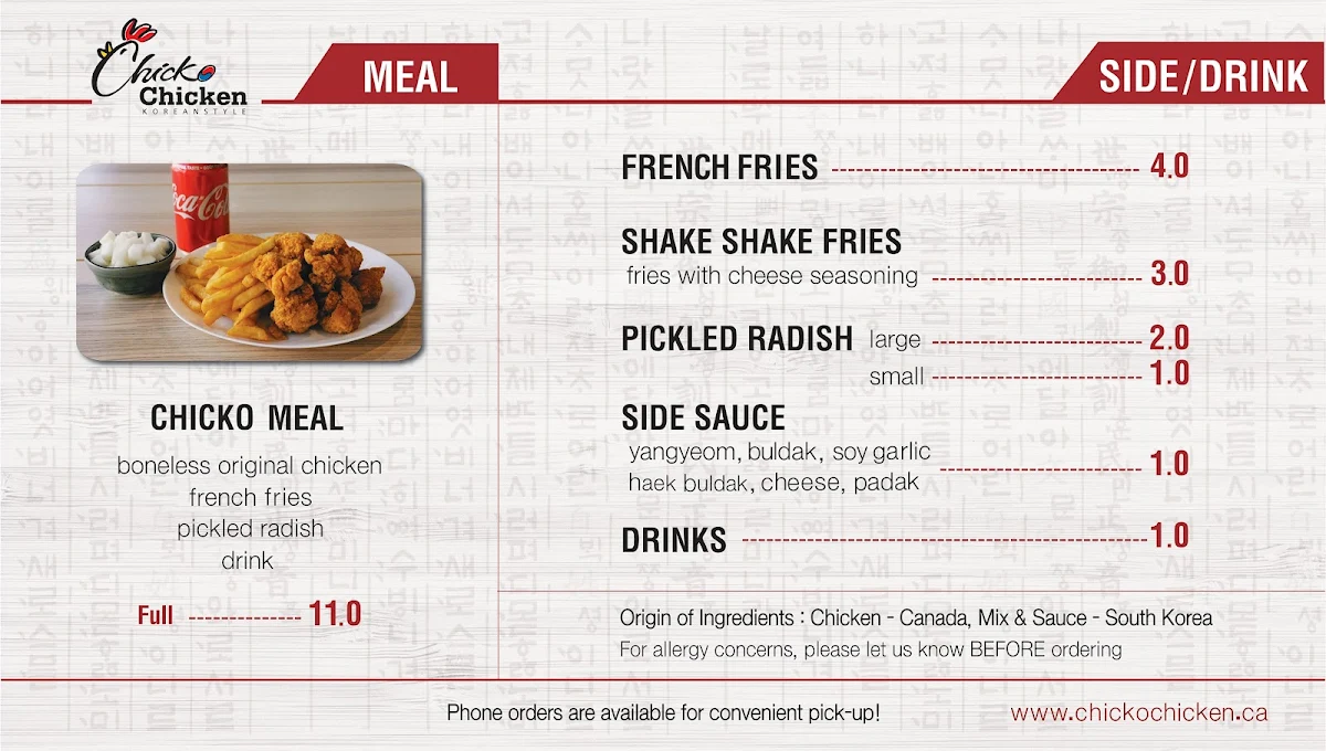Menu, Chicko Chicken