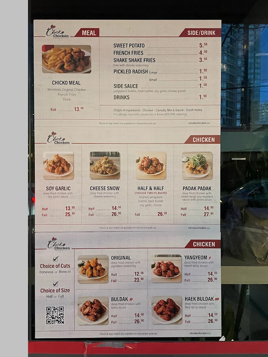 Menu, Chicko Chicken