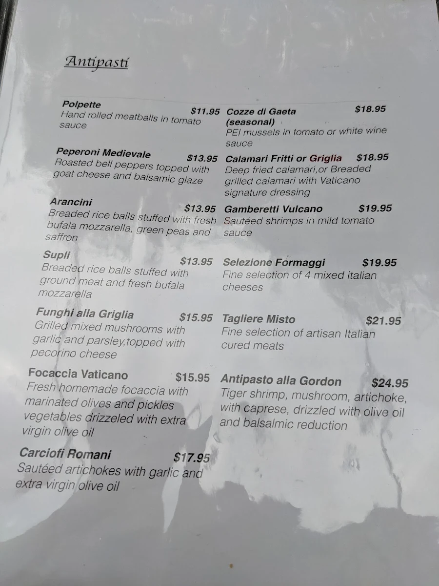 Menu, Vaticano Italian Restaurant Fort Erie