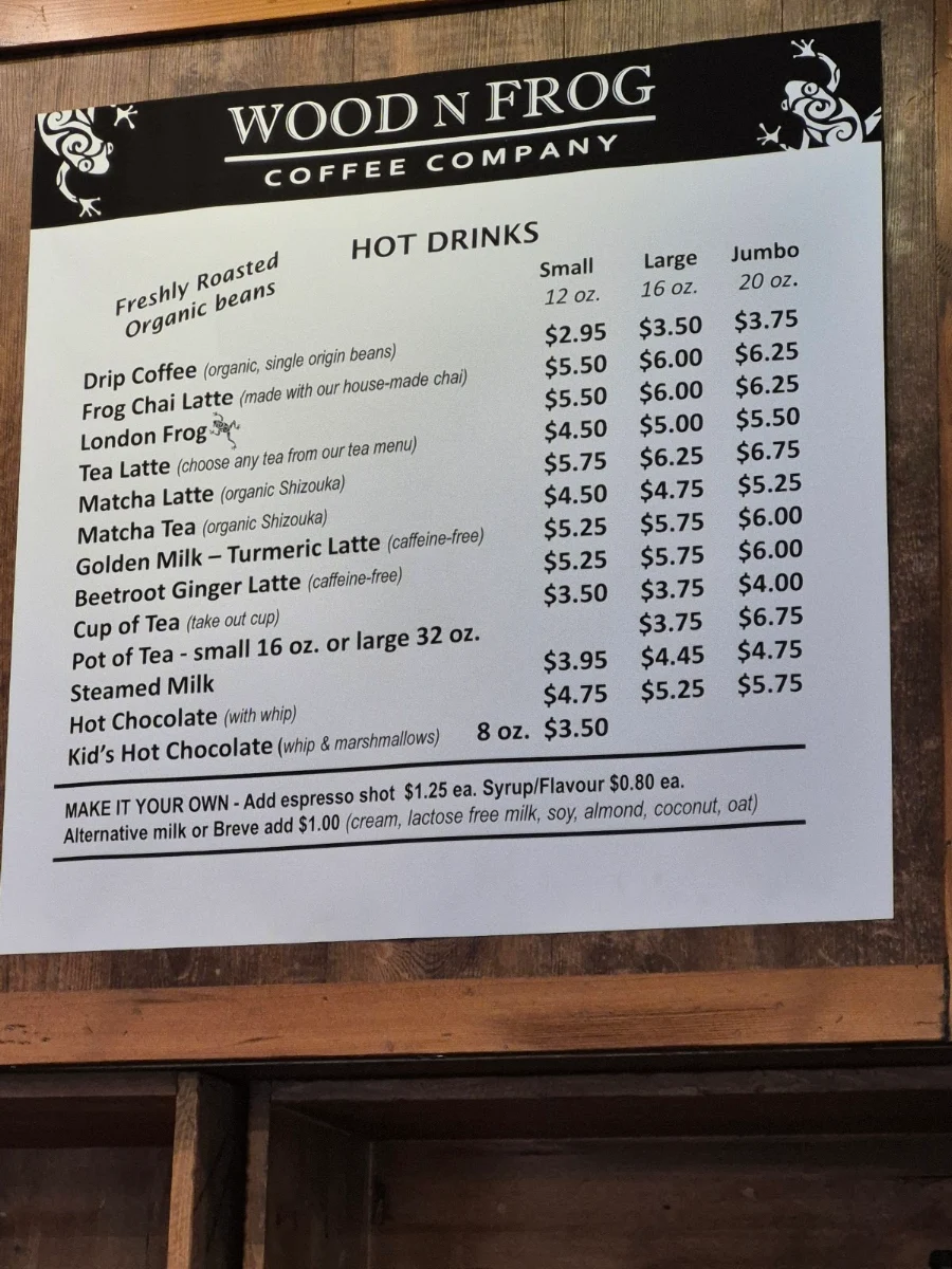 Menu, Wood N Frog Coffee Company