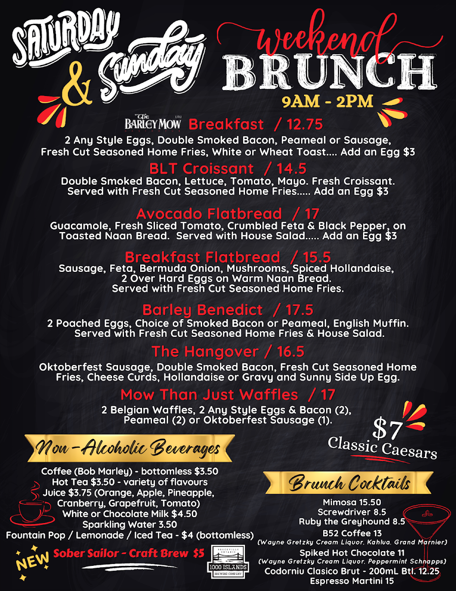 Menu, The Barley Mow (Brockville)