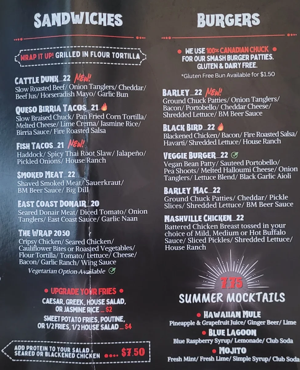 Menu, The Barley Mow (Brockville)