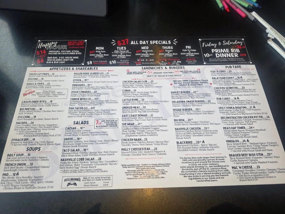 Menu, The Barley Mow (Brockville)