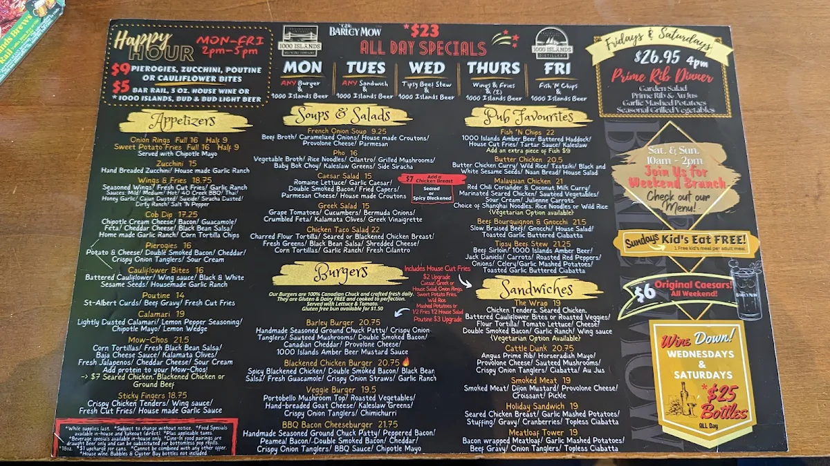 Menu, The Barley Mow (Brockville)