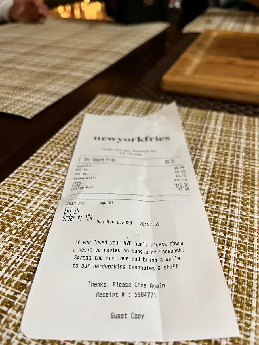 Menu, New York Fries - Lynden Park Mall