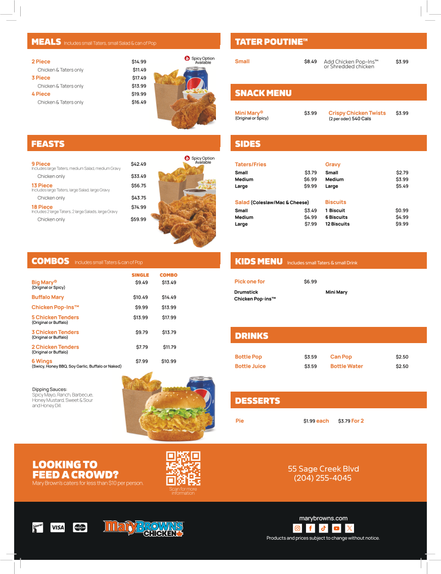 Menu, Mary Brown's Chicken