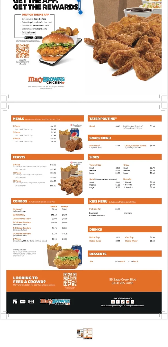 Menu, Mary Brown's Chicken