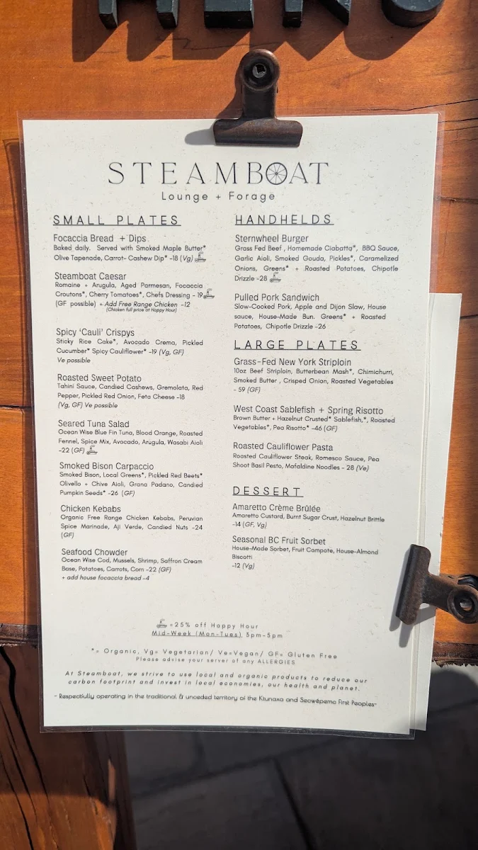 Menu, Steamboat Lounge & Forage