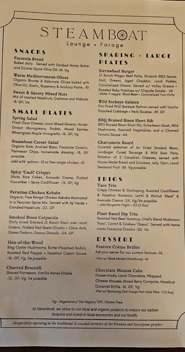 Menu, Steamboat Lounge & Forage
