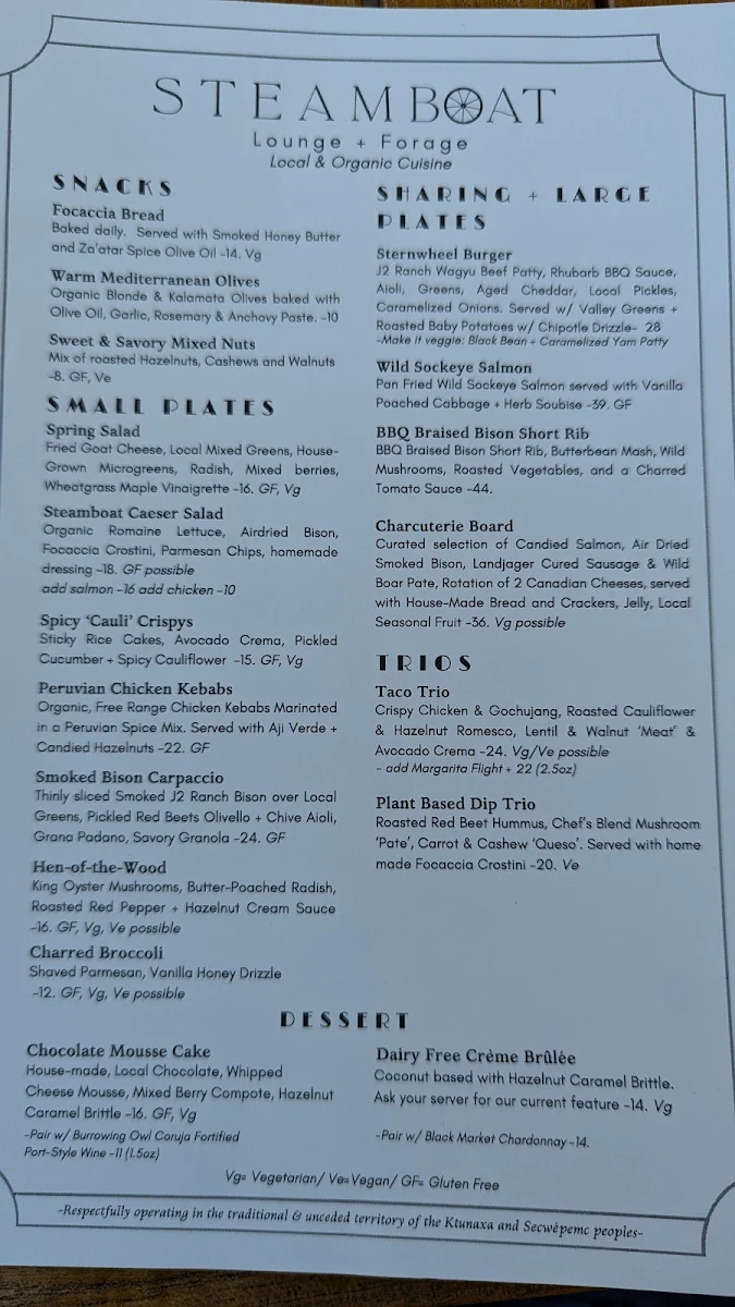Menu, Steamboat Lounge & Forage