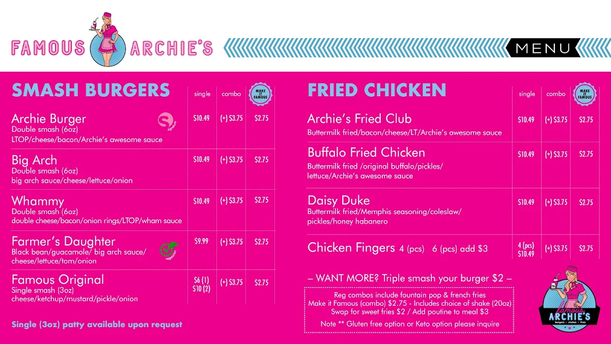 Menu, Famous Archie’s