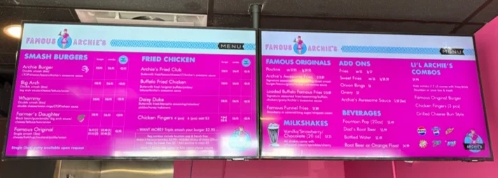 Menu, Famous Archie’s