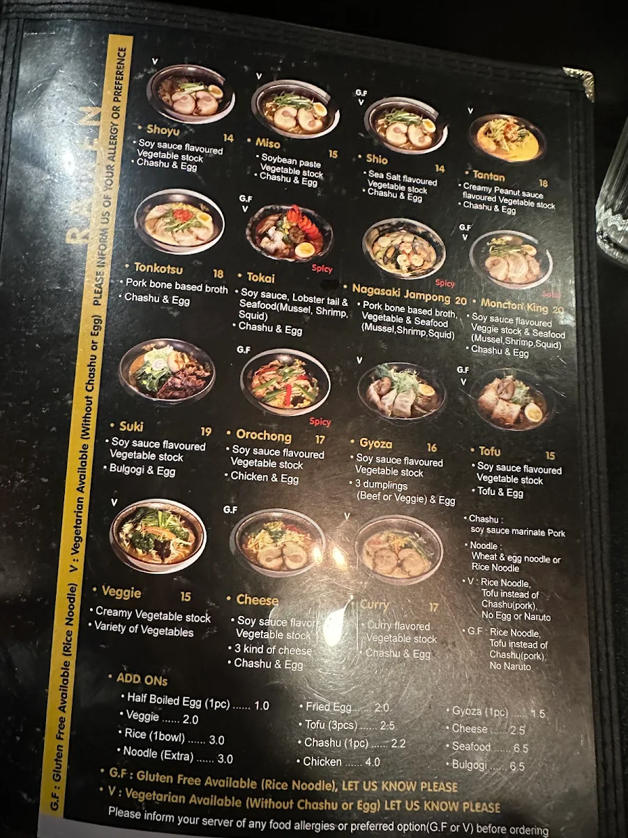 Menu, Tokai Ramen
