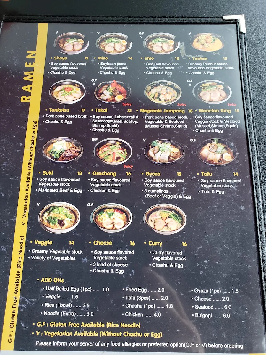 Menu, Tokai Ramen
