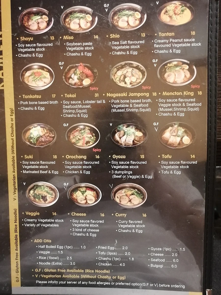 Menu, Tokai Ramen