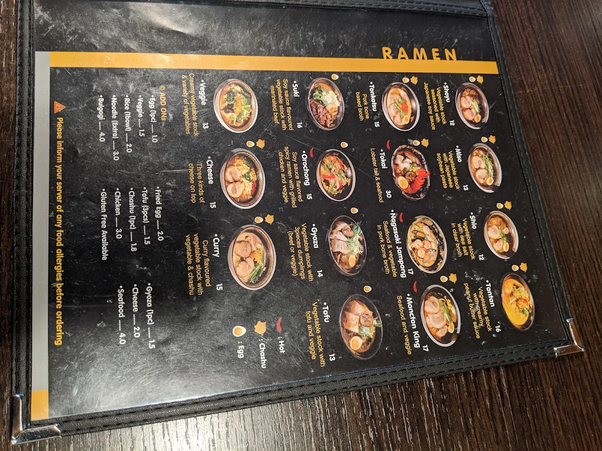 Menu, Tokai Ramen