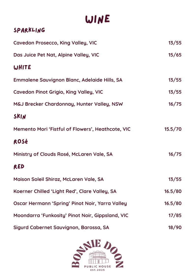 Menu, Bonnie Doon Public House