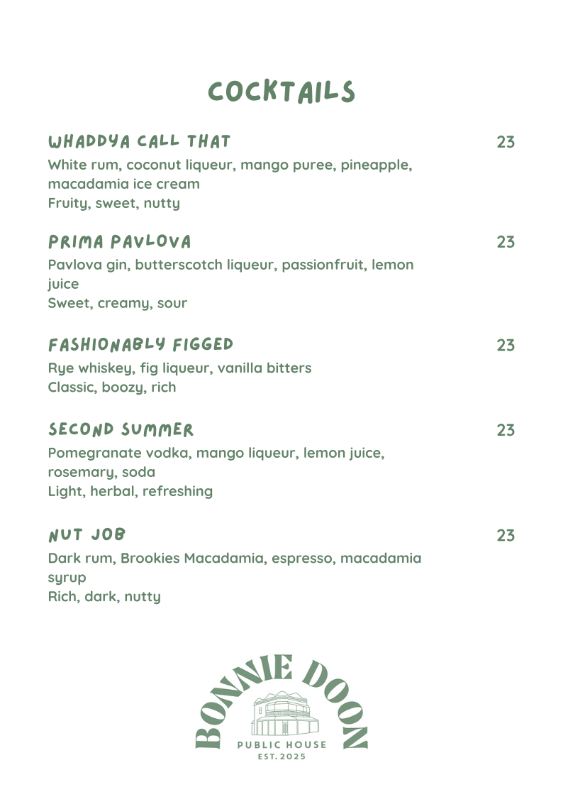 Menu, Bonnie Doon Public House