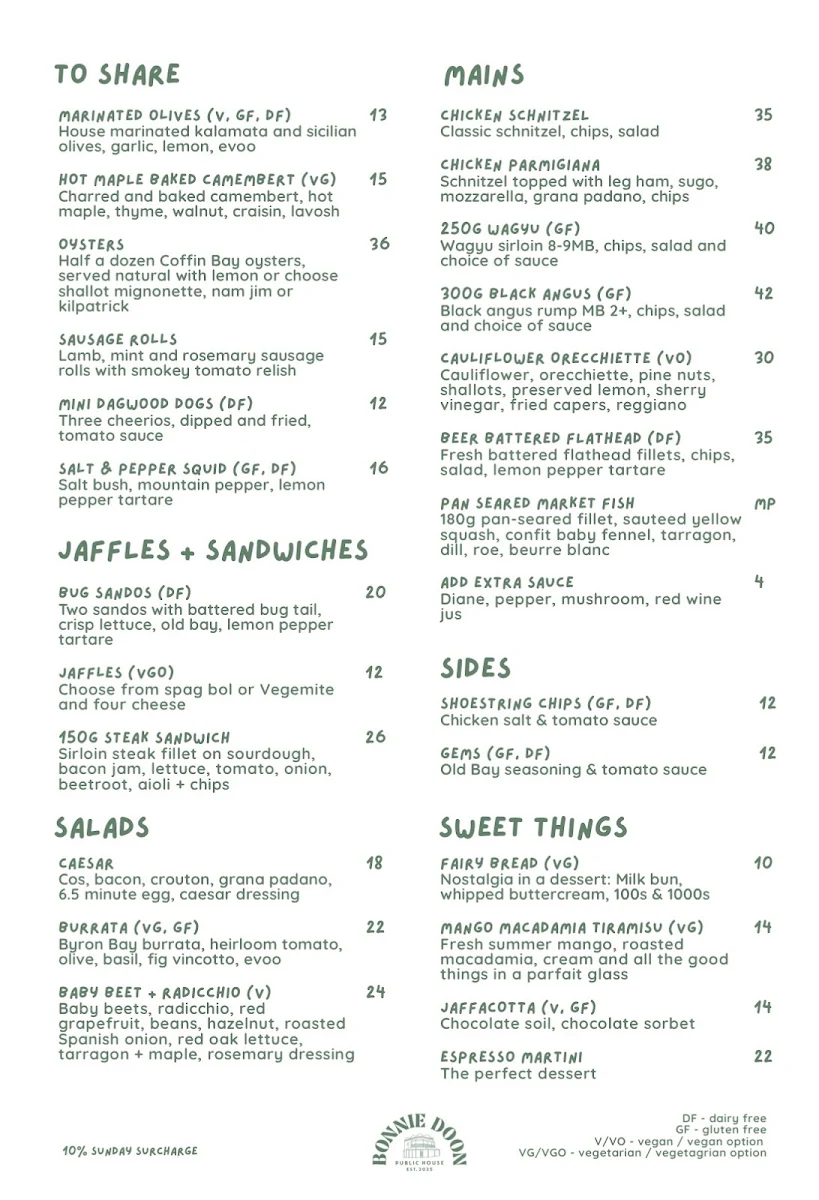 Menu, Bonnie Doon Public House